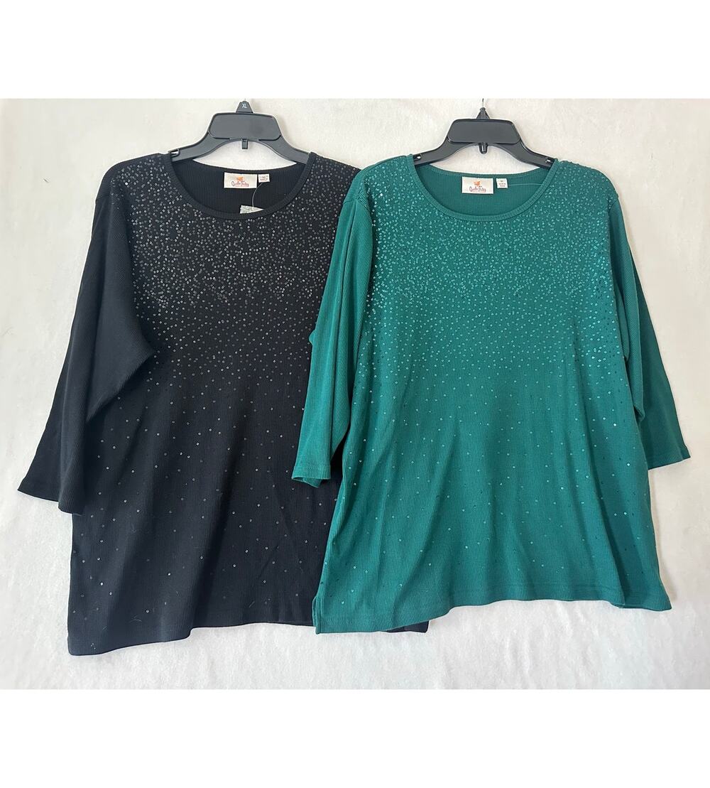 New Quacker Factory 2pc Sequin Ribbed Tops 1X Green Black